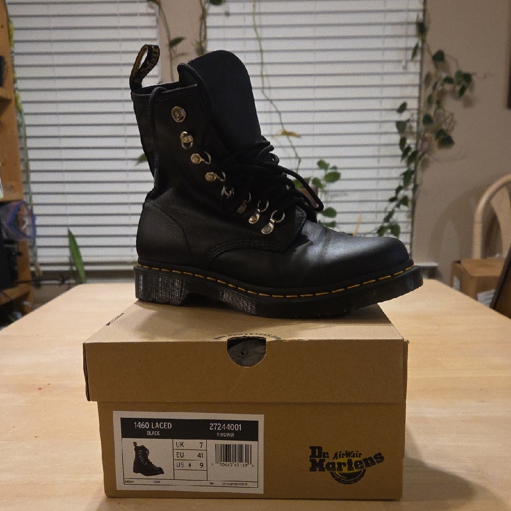 Dr. Martens Black Leather Boots with Yellow Stitching